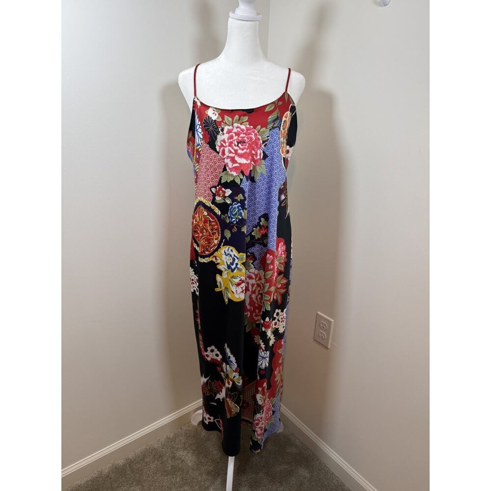 Natori Floral Printed Satin Ankle Length Slip Dress Nightgown Large Black Red
